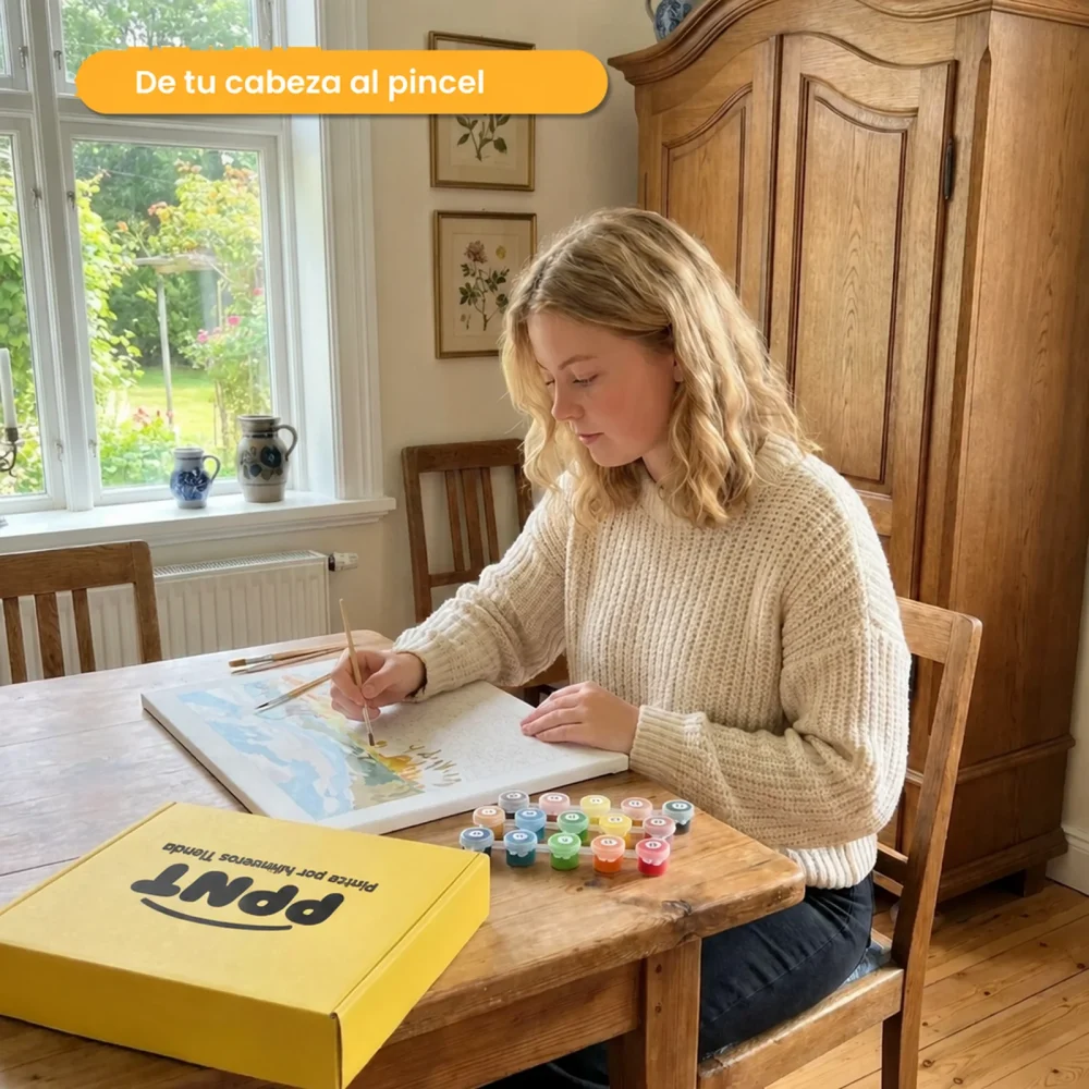 Mujer pintando su cuadro por números personalizado en una mesa de madera