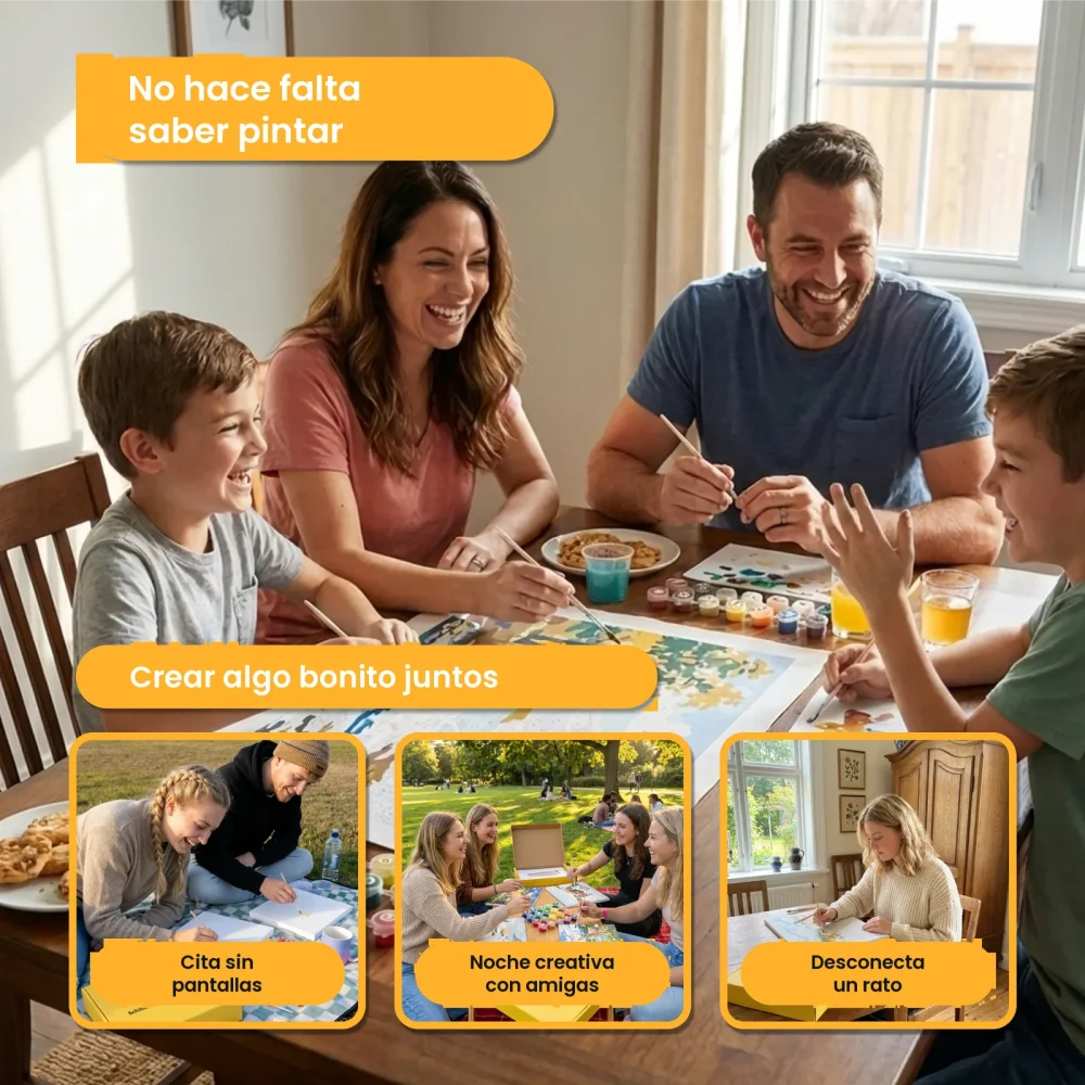 Familia pintando juntos su cuadro por números personalizado en casa