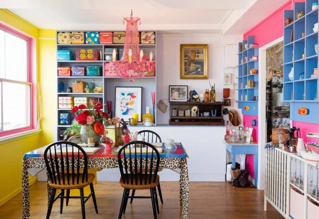 Salón con decoración kitsch llena de color y estampados