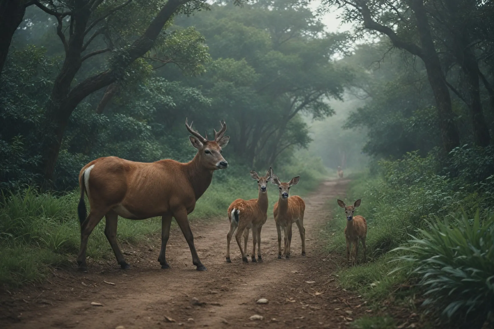 Familia de ciervos en un bosque con tonos fríos y cálidos