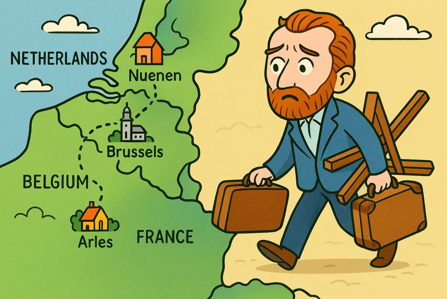 Ilustración con las mudanzas de Van Gogh por Europa