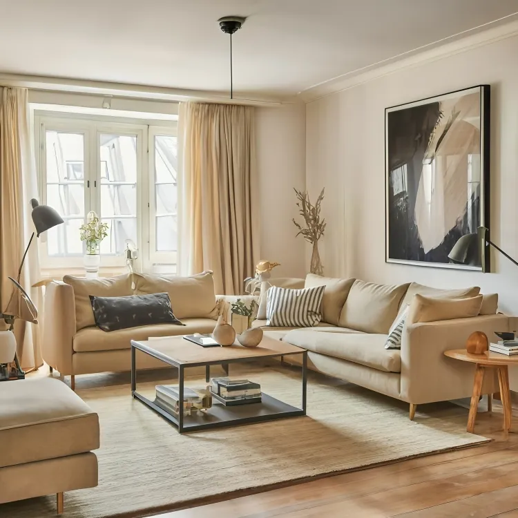 Interior elegante en beige arena combinado con un color complementario