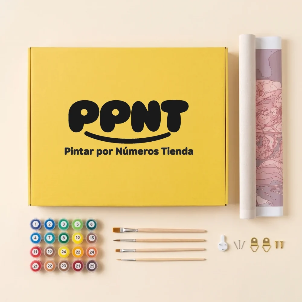 Kit de pintar por números con caja, botes de pintura numerados, pinceles y material de colgado