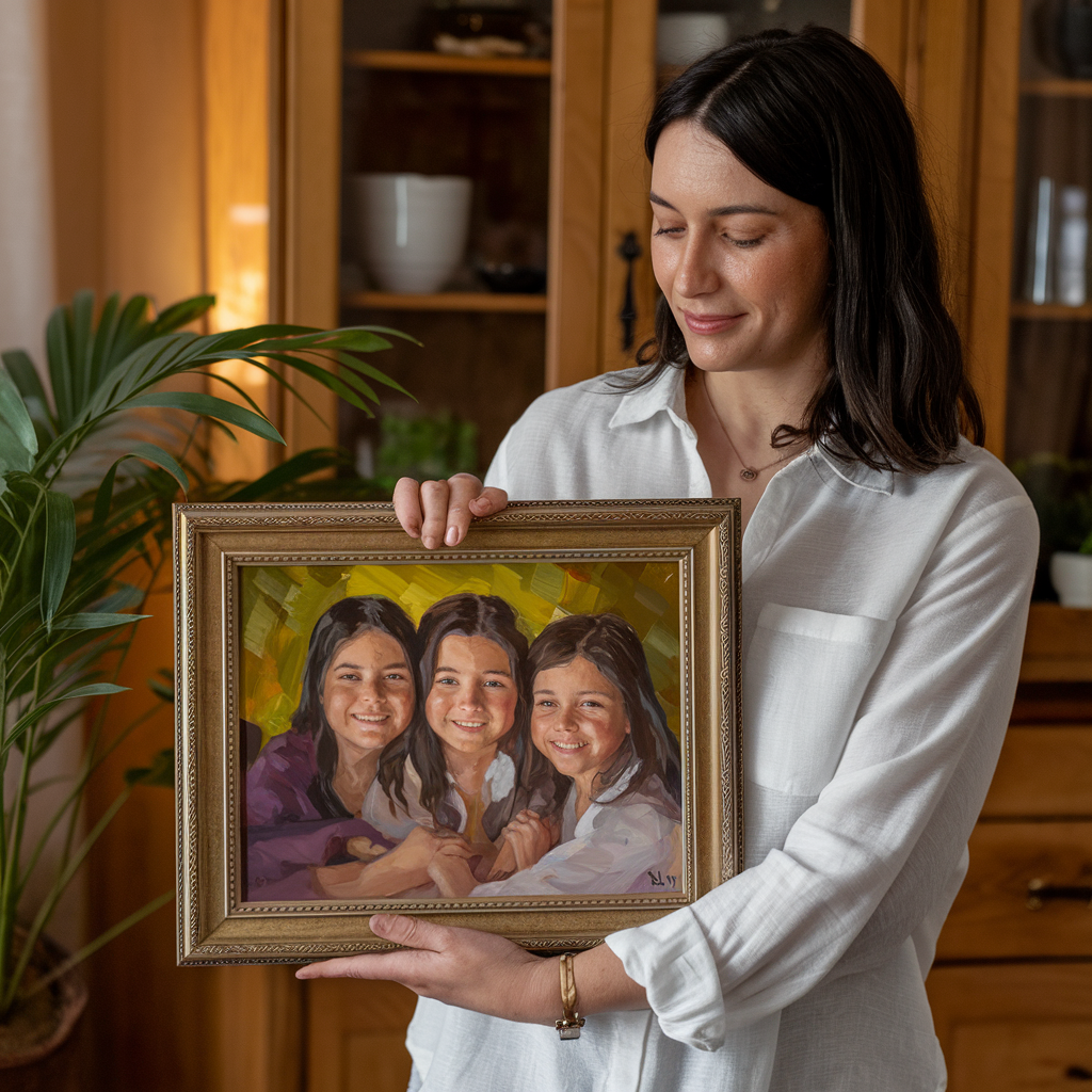 A photo of a woman holding a framed painting by numbers of her children. The woman is wearing a white shirt and has dark hair. She is standing in a room with wooden furniture and a plant. The lighting is warm.