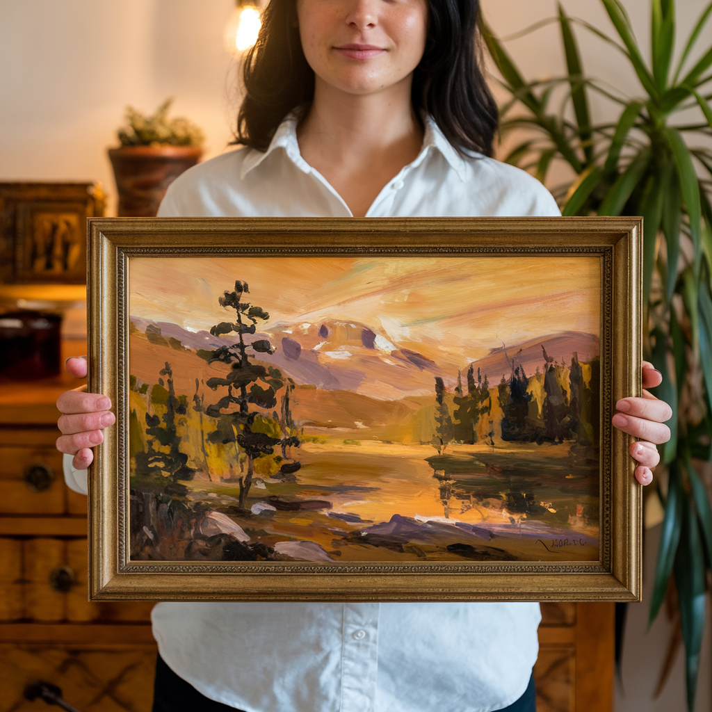 A photo of a woman holding a framed oil painting. The woman is wearing a white shirt and has dark hair. She is standing in a room with wooden furniture and a plant. The lighting is warm. The painting is fully shown