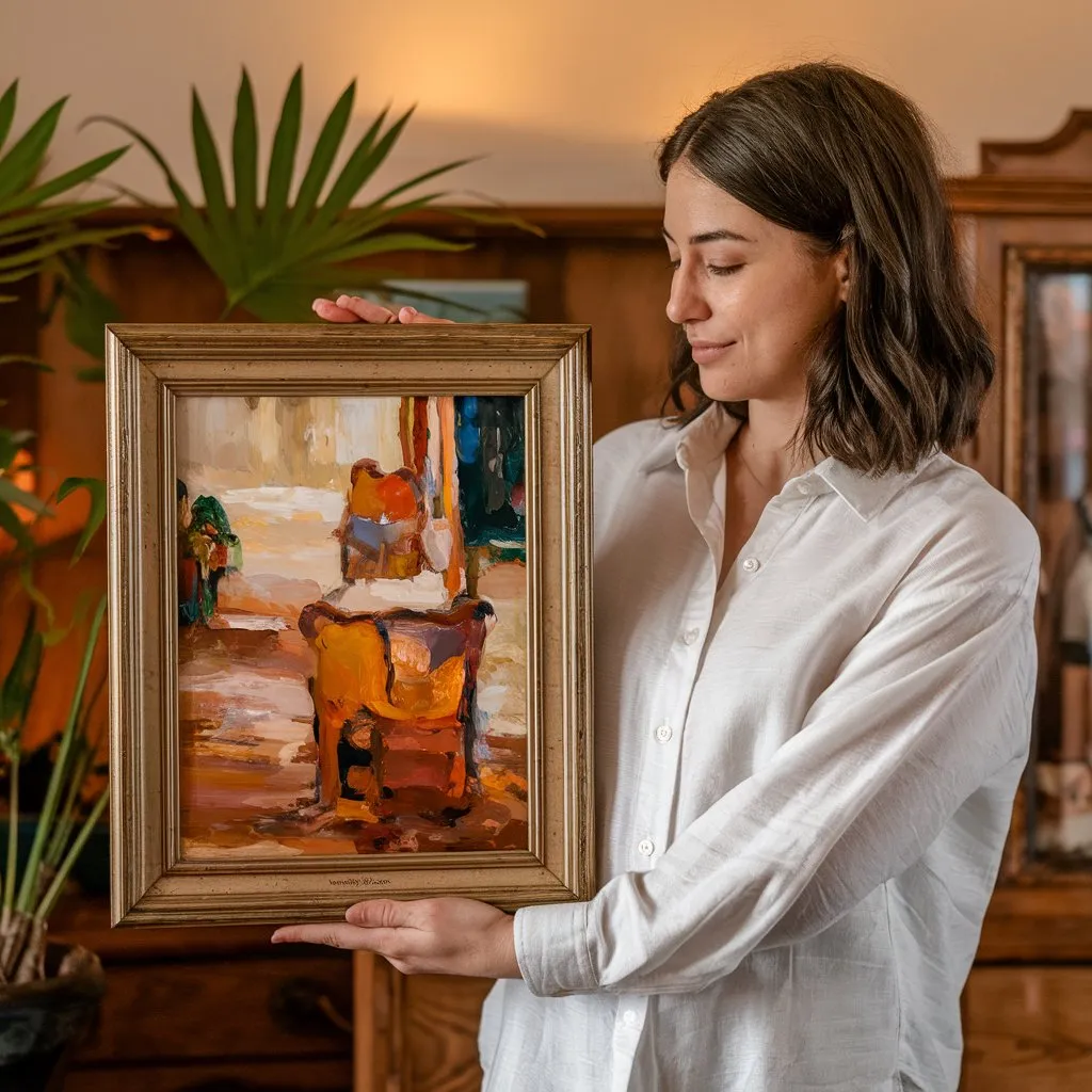 A photo of a woman holding a framed oil painting. The woman is wearing a white shirt and has dark hair. She is standing in a room with wooden furniture and a plant. The lighting is warm. The painting is fully shown