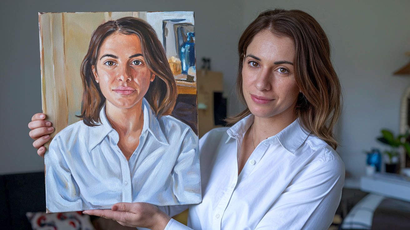 Mujer sujetando un cuadro para pintar por números con su retrato