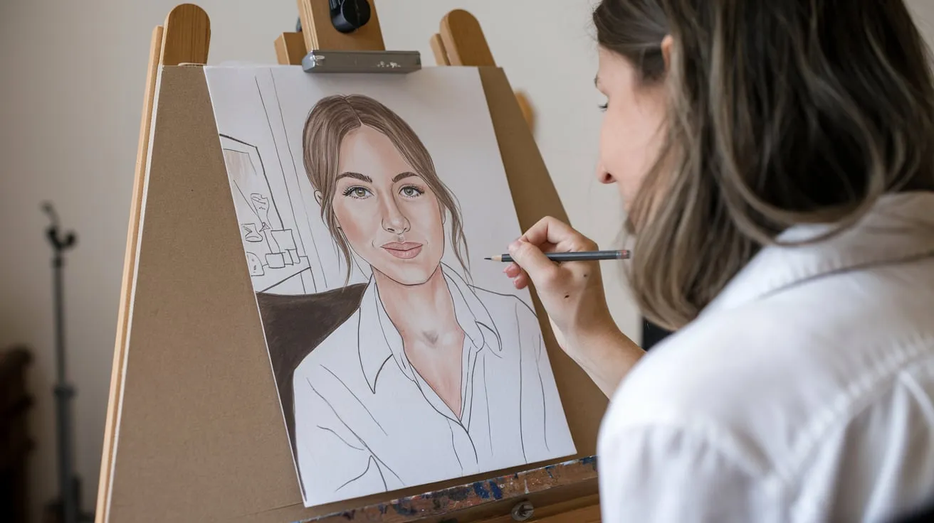 Mujer dibujando su autorretrato en un caballete