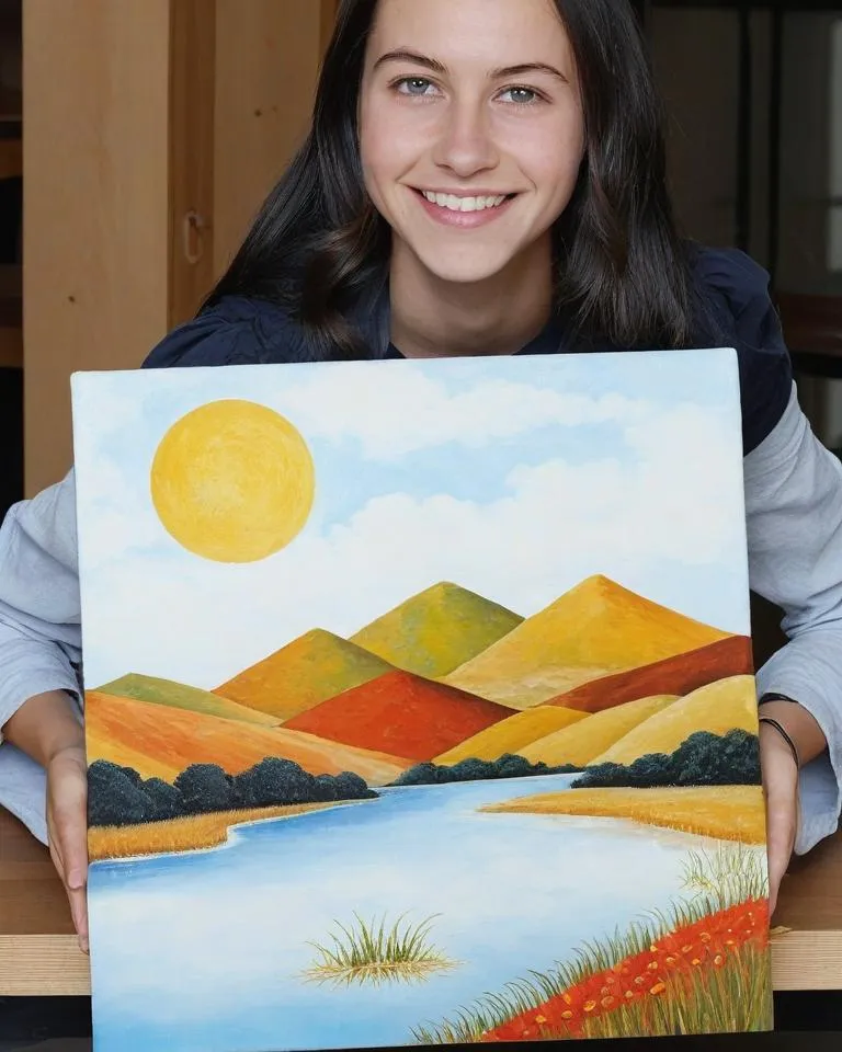 Mujer que enseña su cuadro de pintar por números terminado