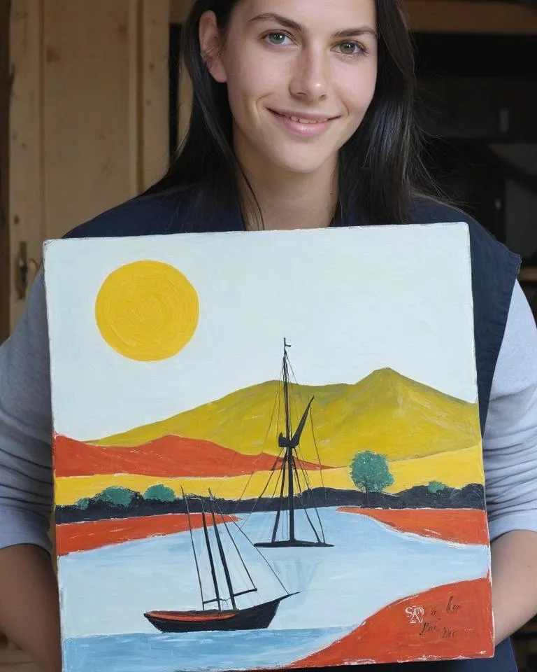 Mujer que enseña el resultado de su cuadro de pintar por números
