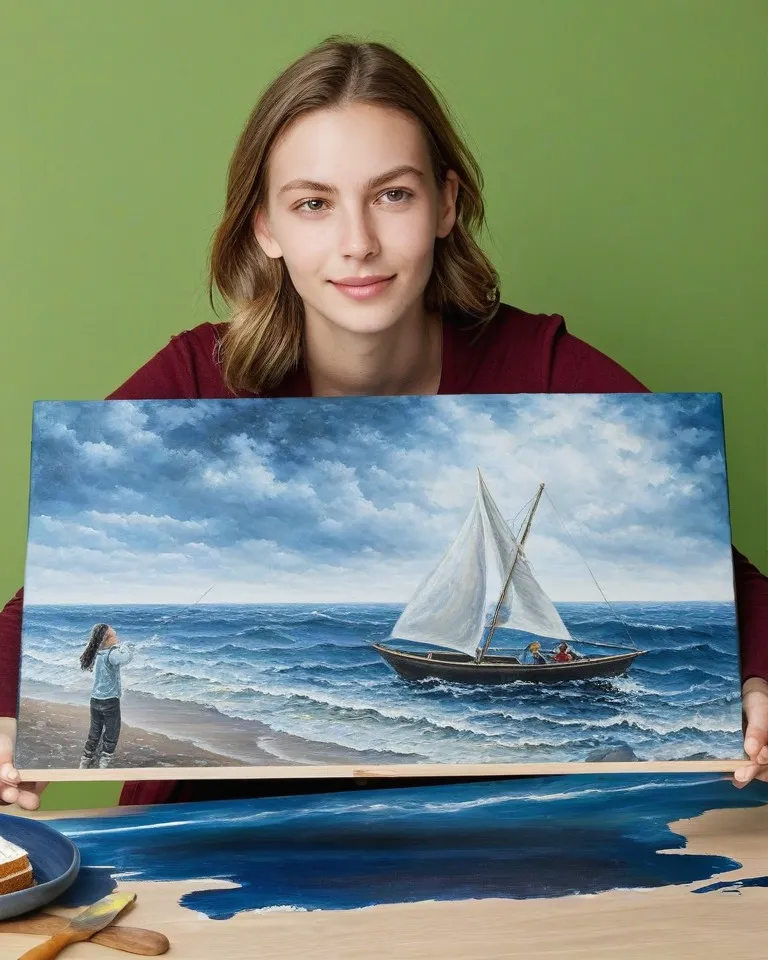 Mujer orgullosa de su cuadro terminado