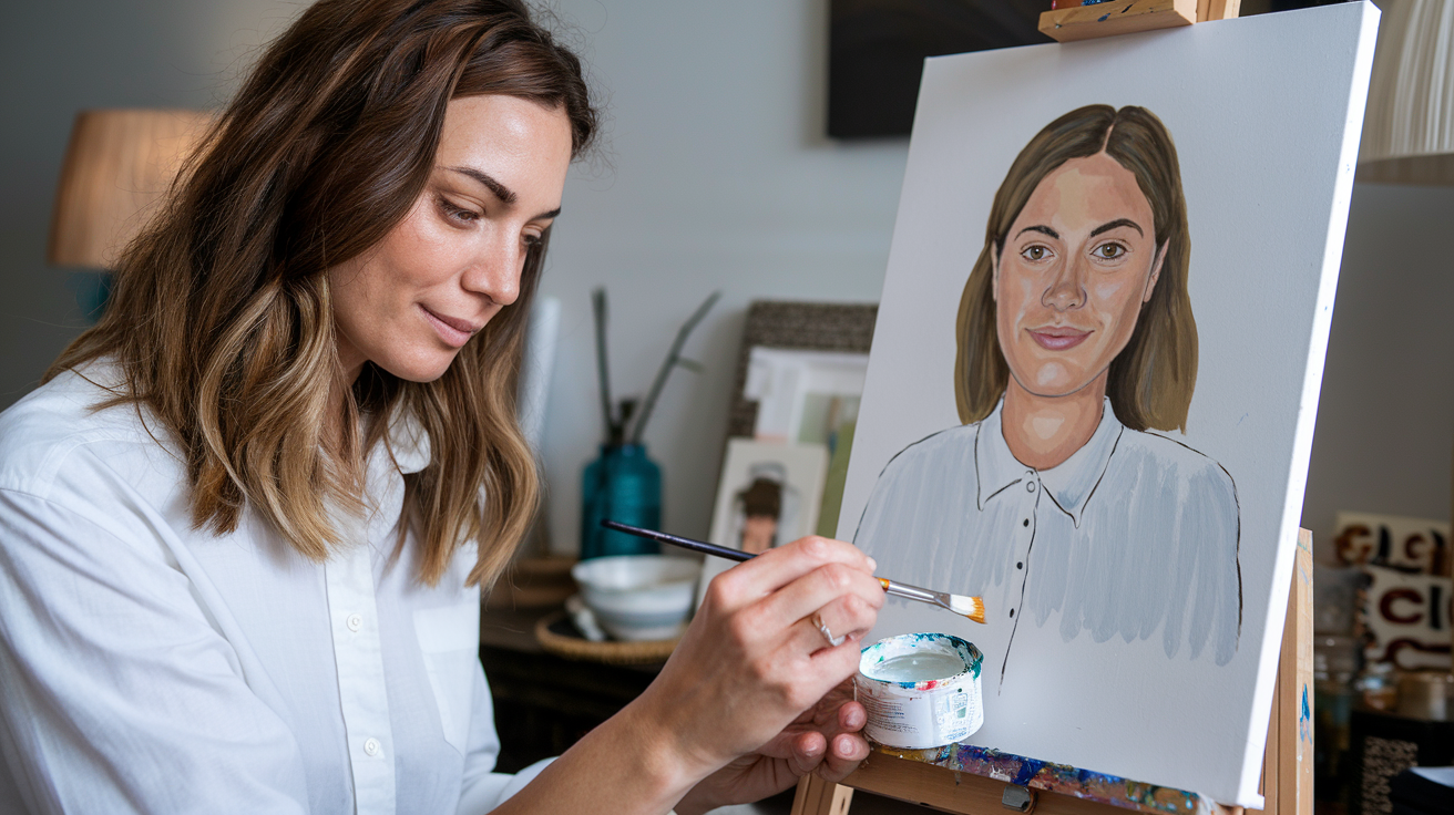 Mujer pintando por números con un bote de pintura en la mano