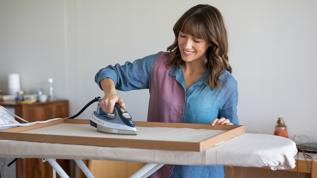 Mujer sonriente que plancha un lienzo sin bastidor sobre una tabla de planchar