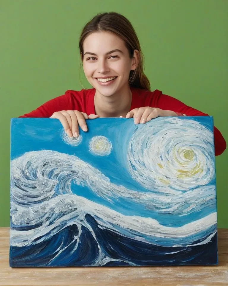 Mujer sujetando un cuadro de pintar por números