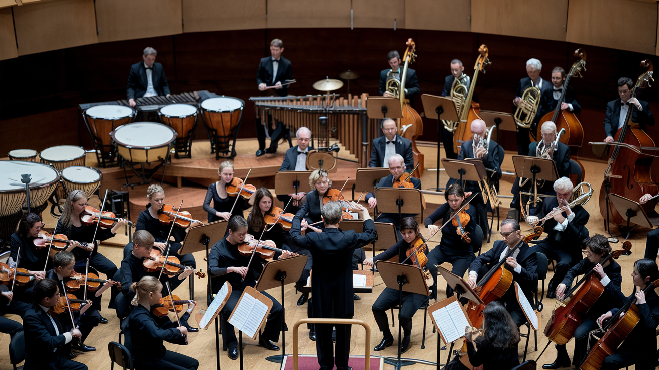 Vista general de una orquesta tocando con instrumentos clásicos