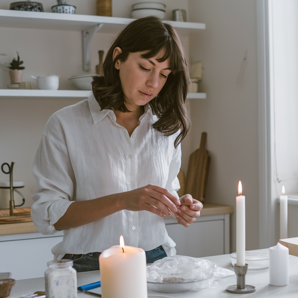 A woman in her kitchen making candles The woman is wearing a white shirt and has dark hair.