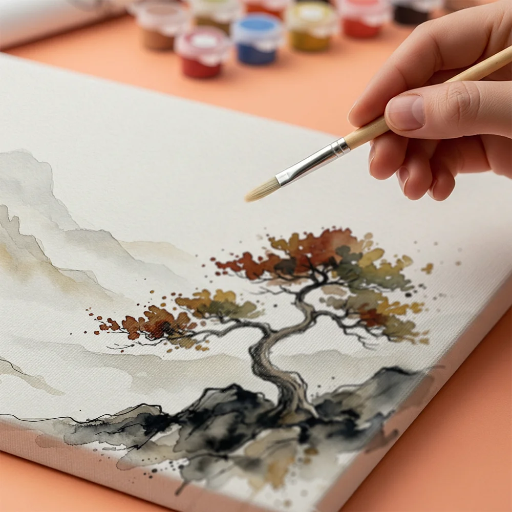 Pintar por números Árbol solitario en un paisaje de montaña – foto 4