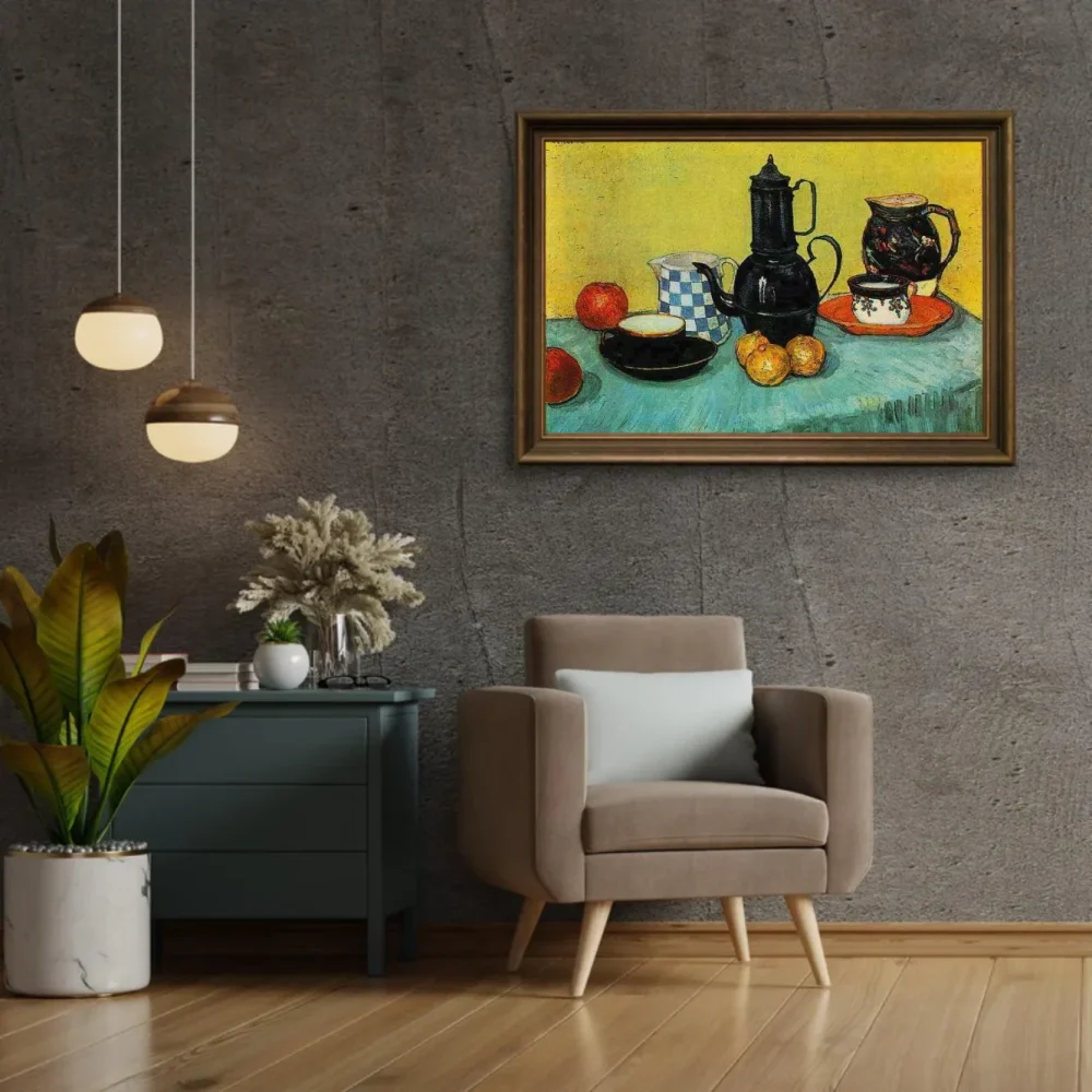 Pintar por números Bodegón con cafetera esmaltada azul y fruta – foto 2