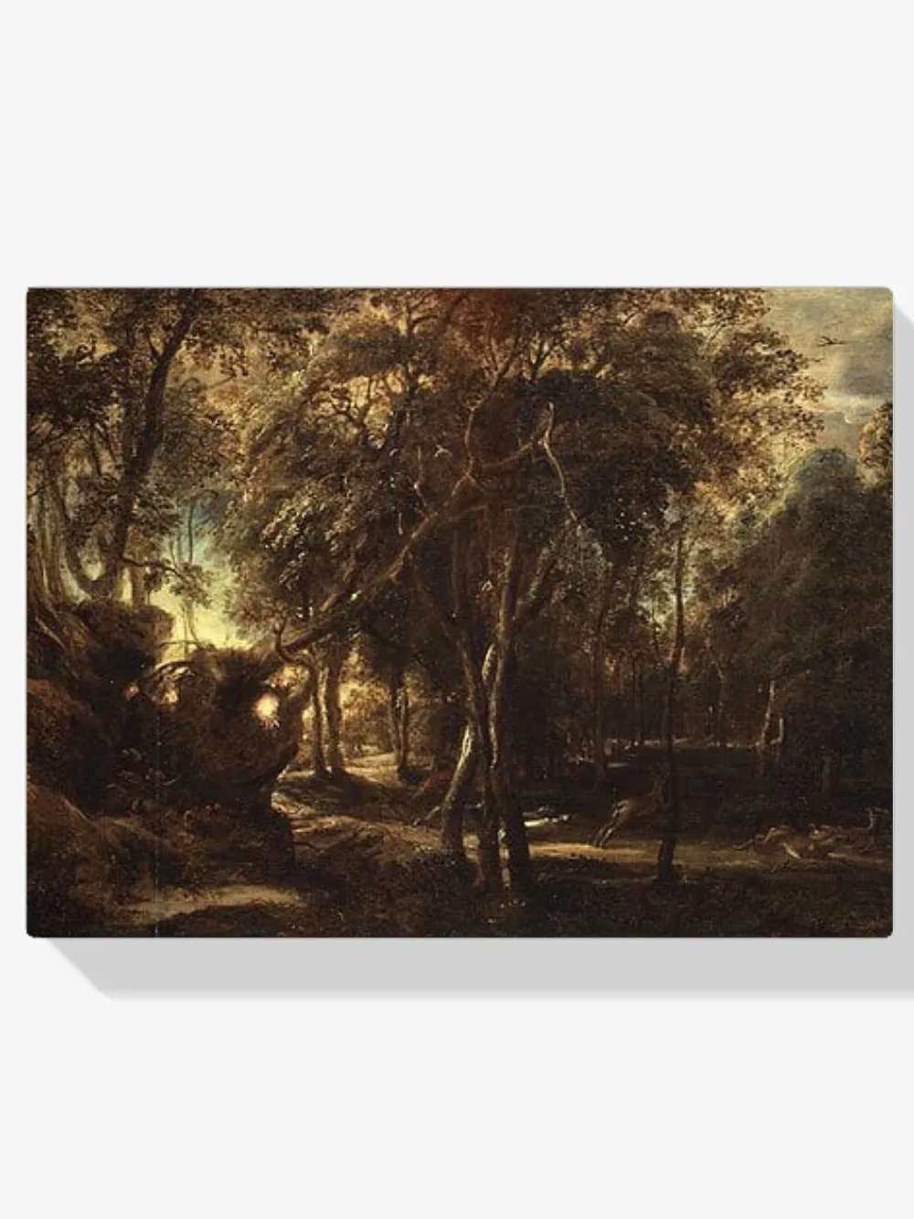 Pintar por números Bosque al amanecer con caza del ciervo