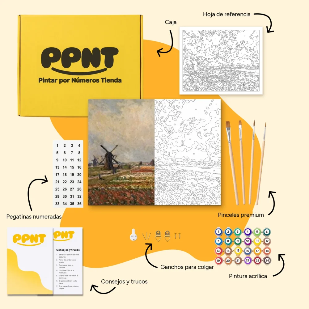 Pintar por Números - Campos de tulipanes y molinos cerca de Rijnsburg