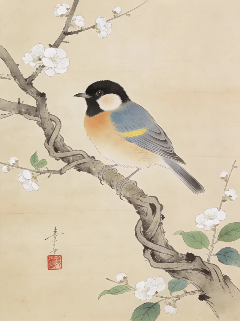 Pintar por números Carboneros en una rama en flor, Ohara Koson – foto 2