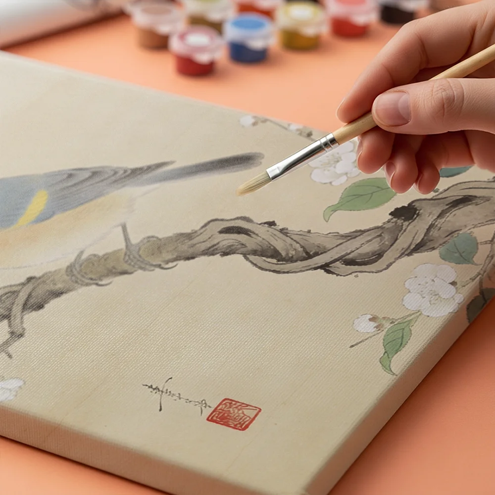 Pintar por números Carboneros en una rama en flor, Ohara Koson – foto 4