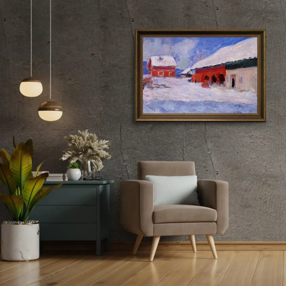 Pintar por números Casas rojas en Bjørnegård bajo la nieve, Noruega – foto 2