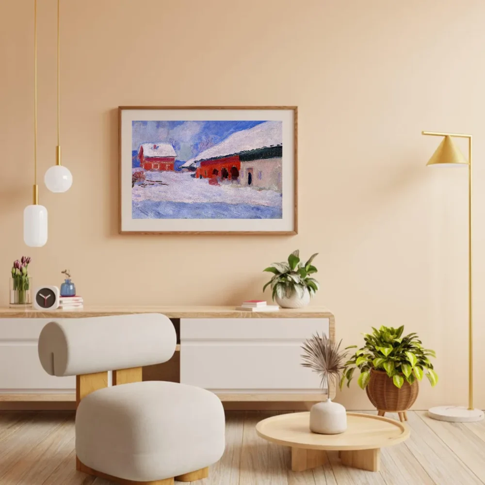 Pintar por números Casas rojas en Bjørnegård bajo la nieve, Noruega – foto 3