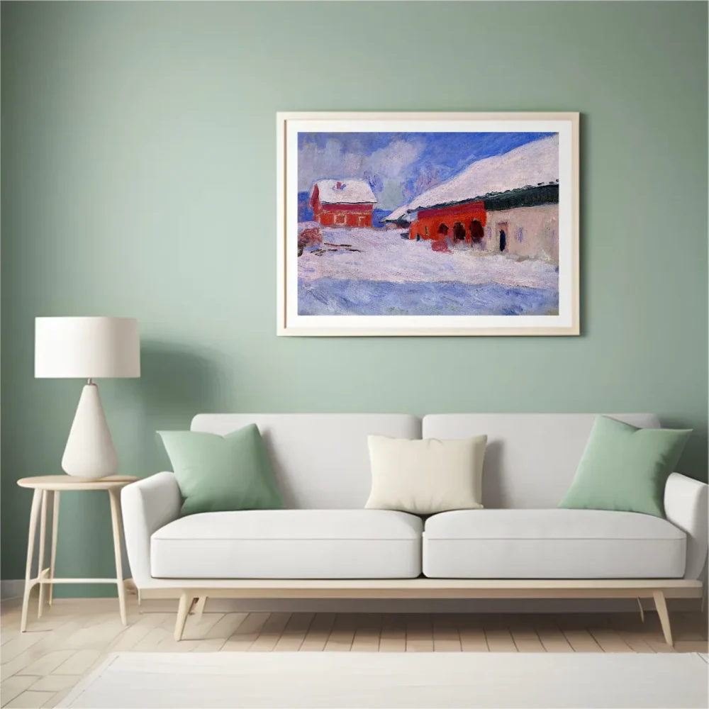 Pintar por números Casas rojas en Bjørnegård bajo la nieve, Noruega – foto 4