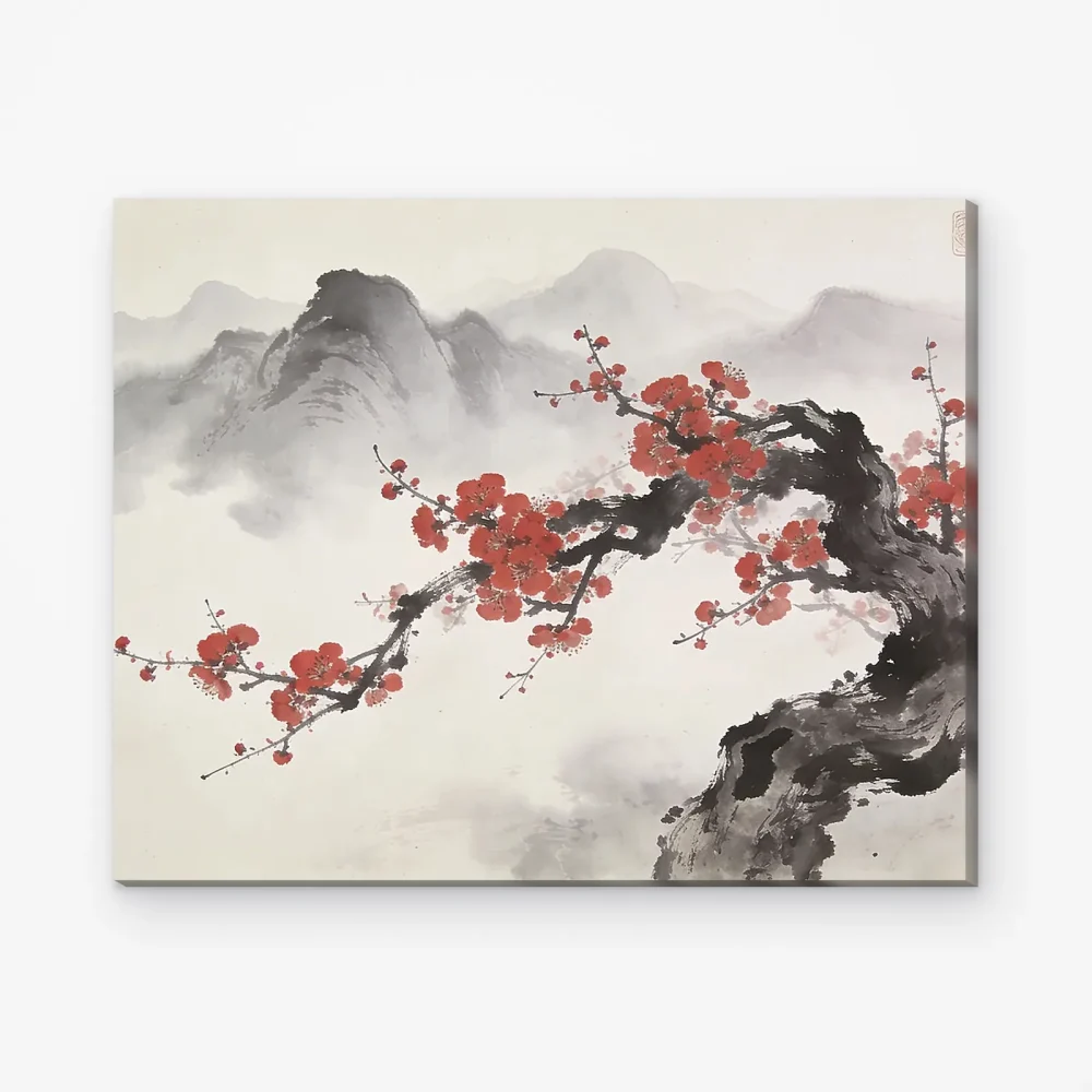 Pintar por Números - Cerezos en flor y cumbres brumosas, panorama japandi