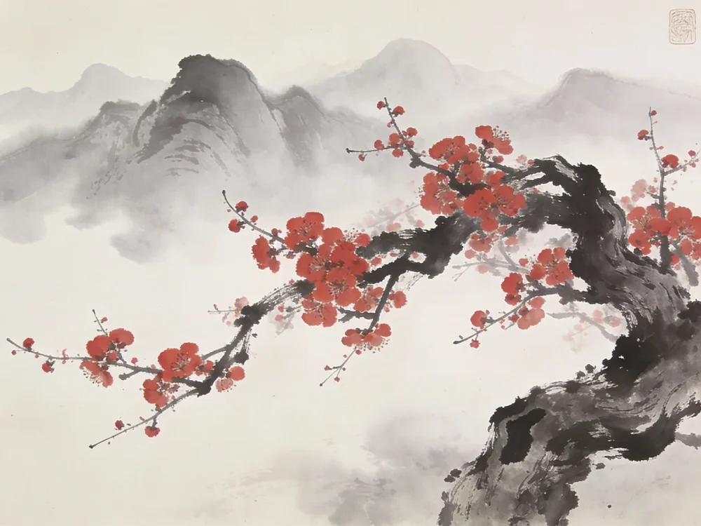 Pintar por números Cerezos en flor y cumbres brumosas, panorama japandi – foto 2