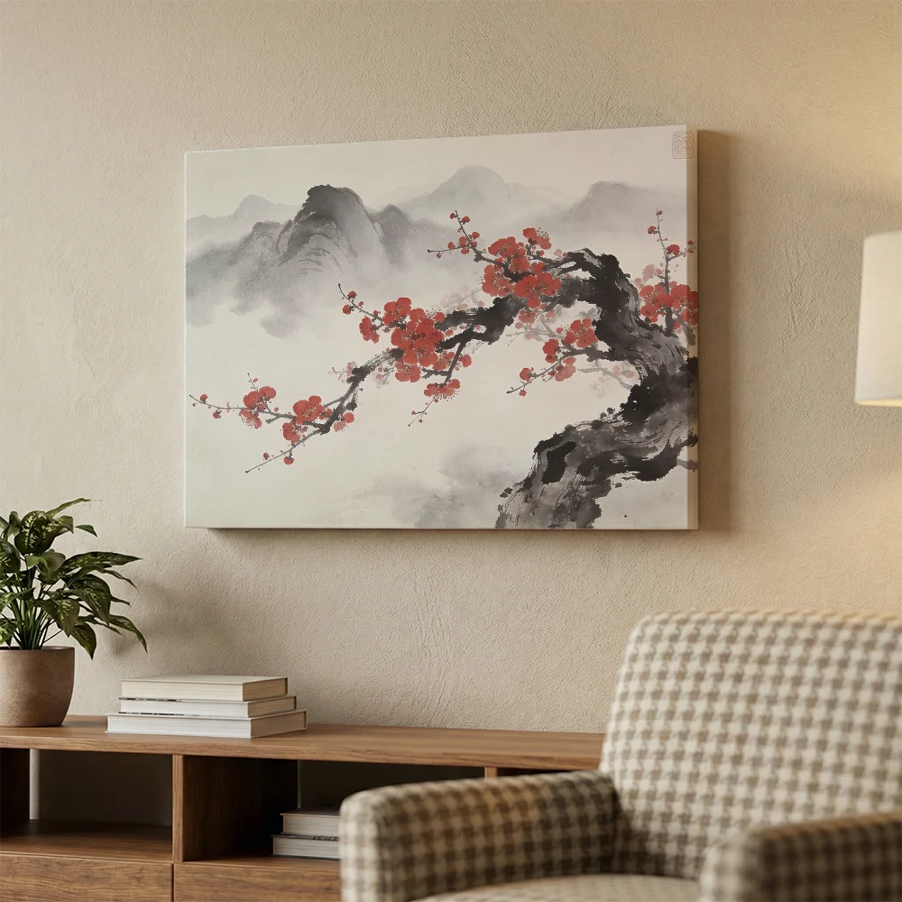Pintar por números Cerezos en flor y cumbres brumosas, panorama japandi – foto 3