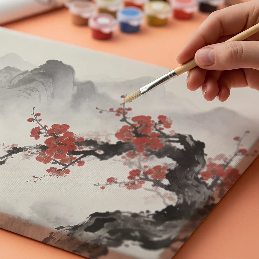 Pintar por números Cerezos en flor y cumbres brumosas, panorama japandi – foto 4