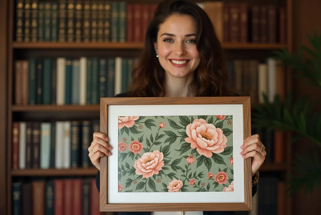 Mujer junto a un cuadro de pintar por números con su propia foto