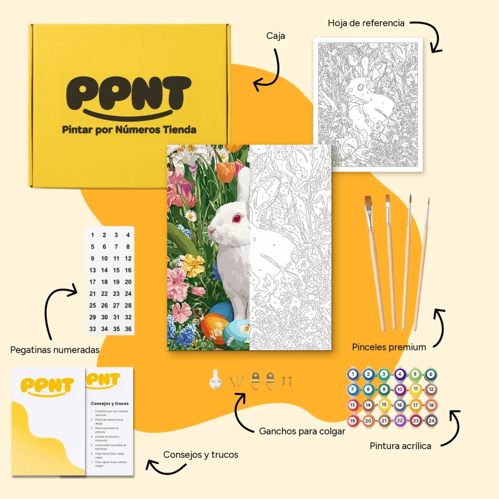 Pintar por Números - Conejo de Pascua entre tulipanes