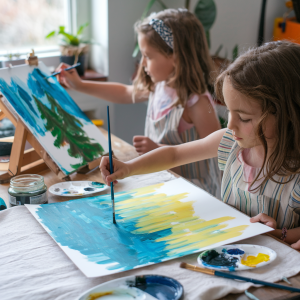 Niños pintando por números en casa