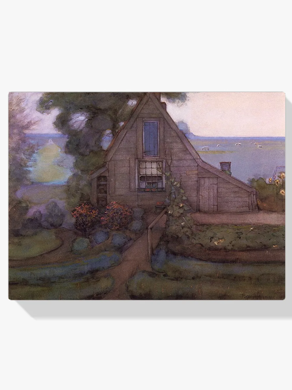 Pintar por números Fachada de granja con triángulos y pólder en azul