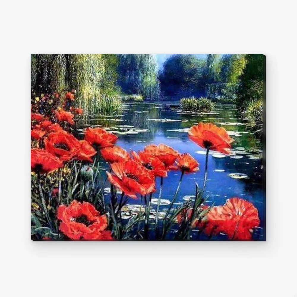 Pintar por Números - Flores rojas junto al lago