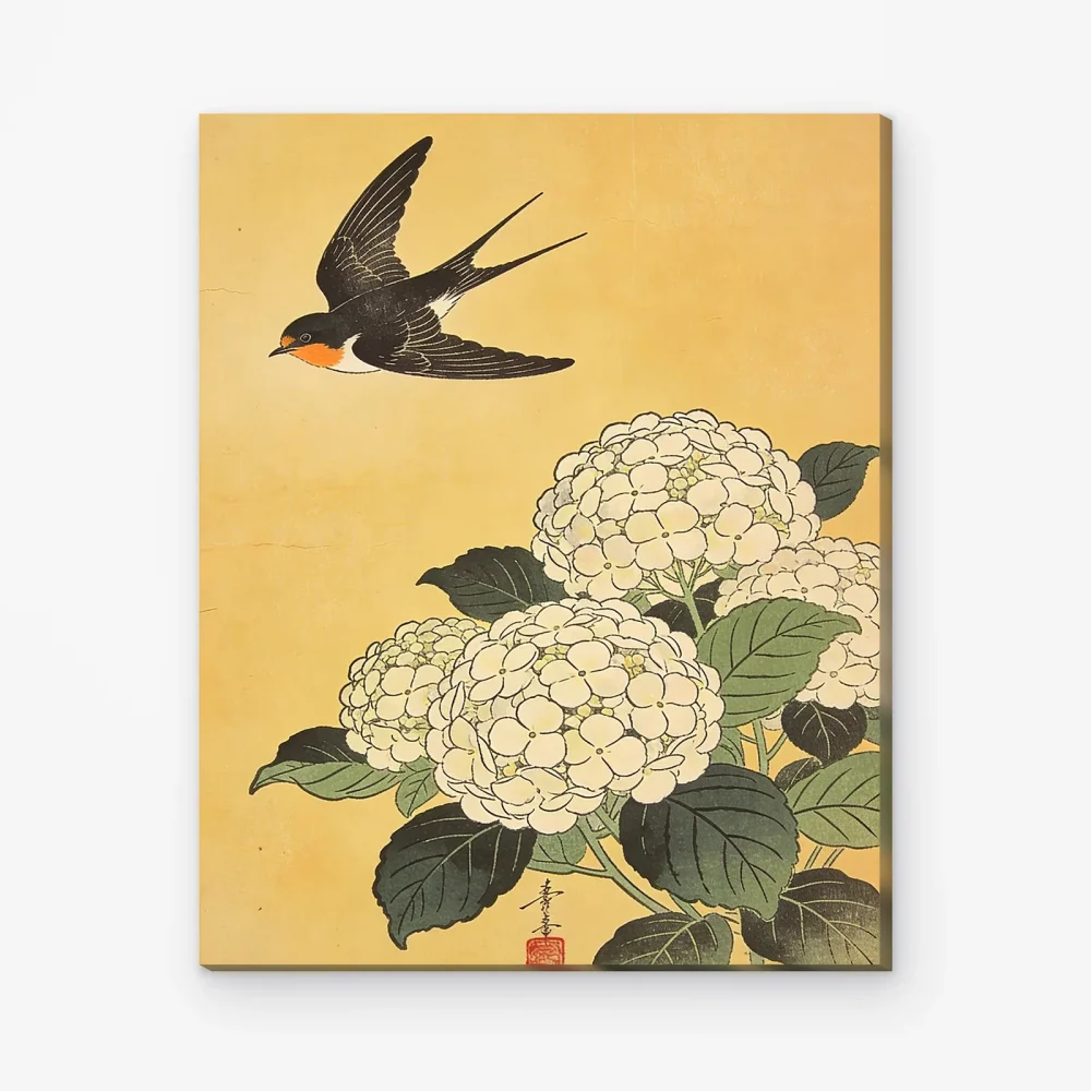 Pintar por Números - Golondrina sobre hortensias blancas