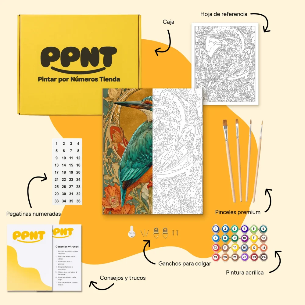 Pintar por Números - Martín pescador art nouveau en oro