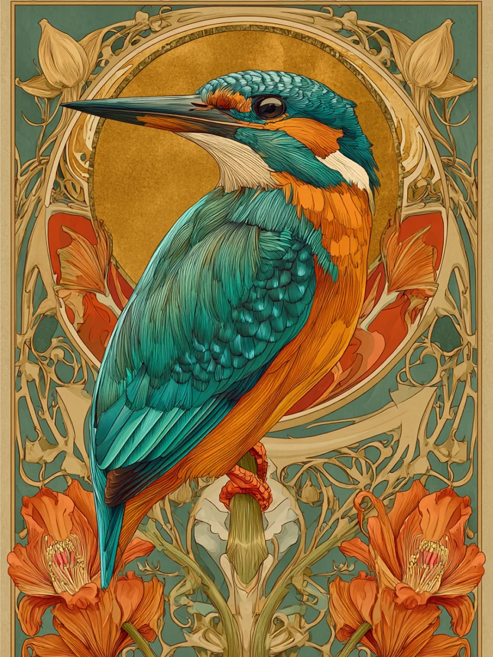 Pintar por números Martín pescador art nouveau en oro – foto 2