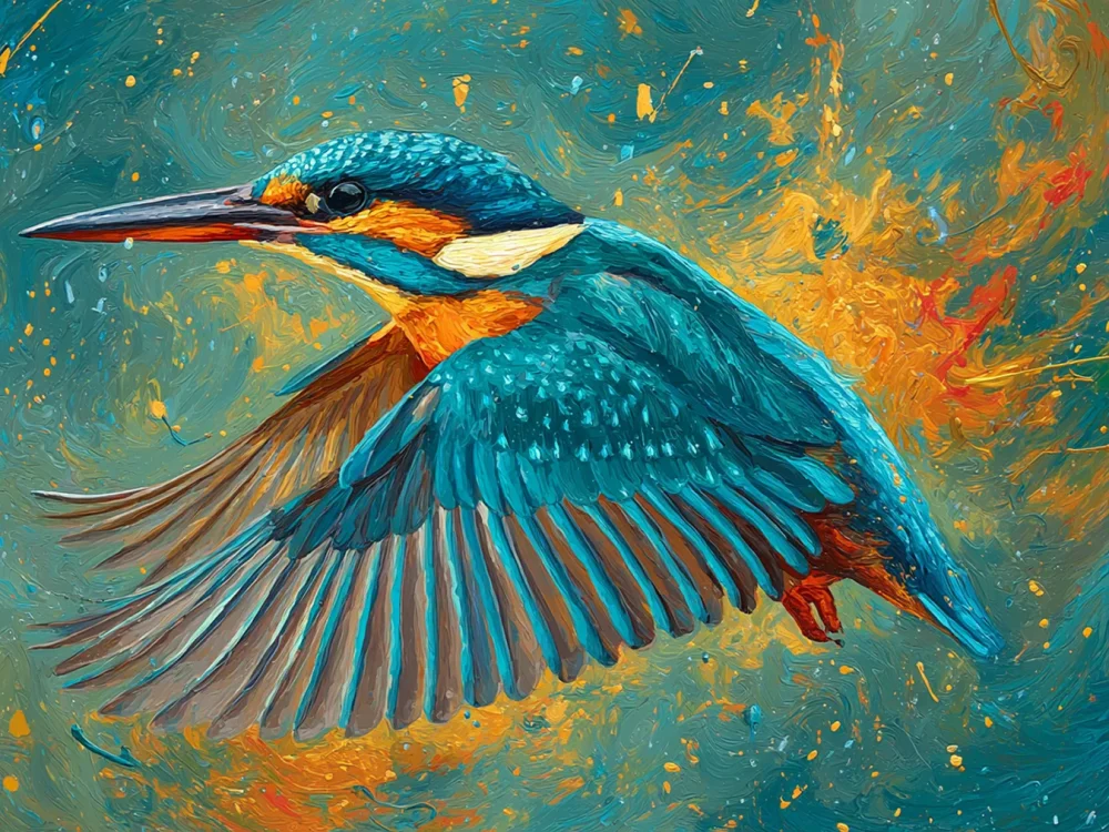 Pintar por números Martín pescador en acción entre fuego y viento – foto 2