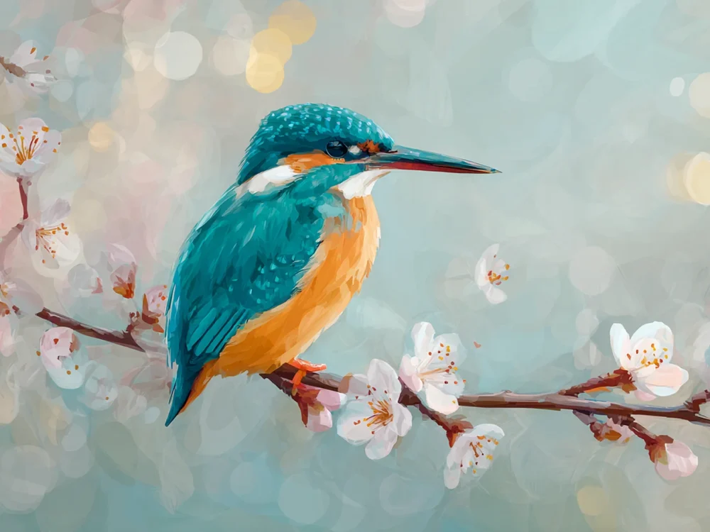 Pintar por números Martín pescador entre flores y bokeh – foto 2