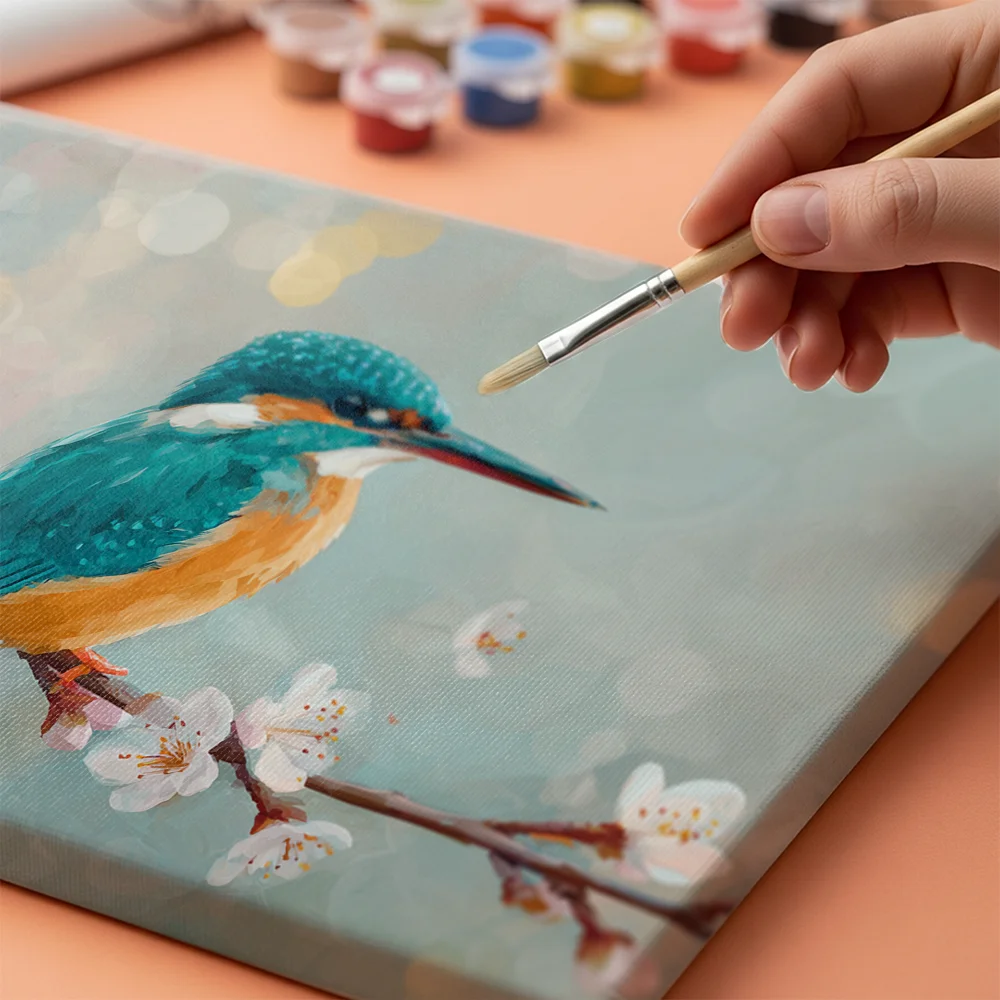 Pintar por números Martín pescador entre flores y bokeh – foto 4