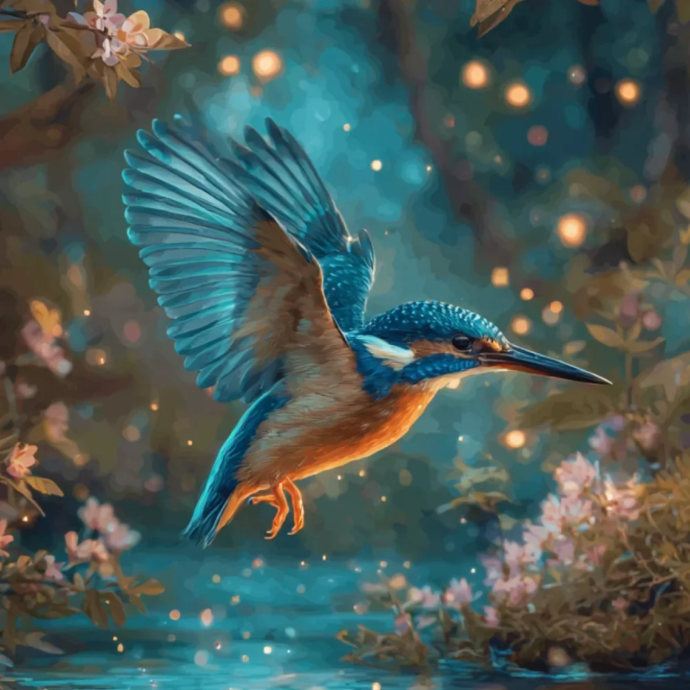Pintar por números Martín pescador mágico en un bosque encantado – foto 2