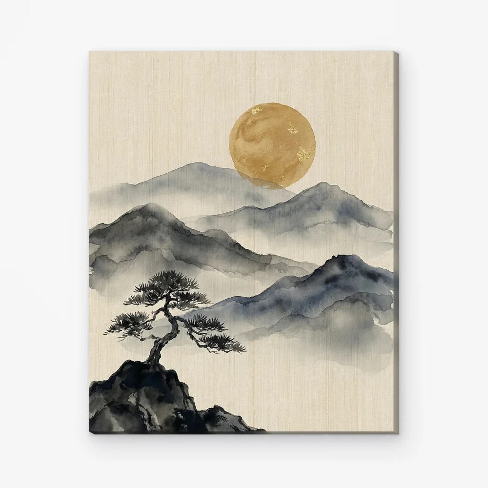 Pintar por Números - Montañas en tinta con luna dorada