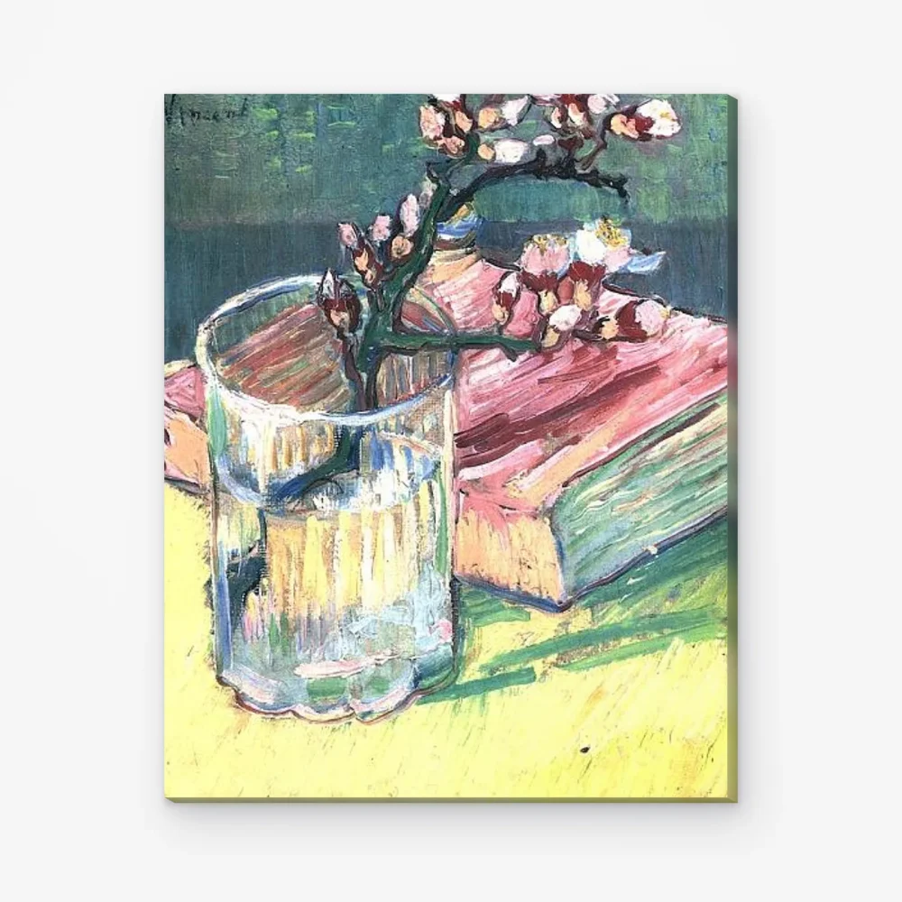 Pintar por Números - Rama de almendro en flor en un vaso con un libro