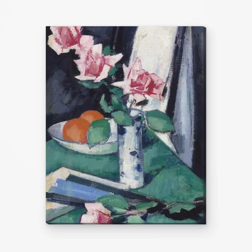 Pintar por Números - Rosas rosas y naranjas en un jarrón azul y blanco