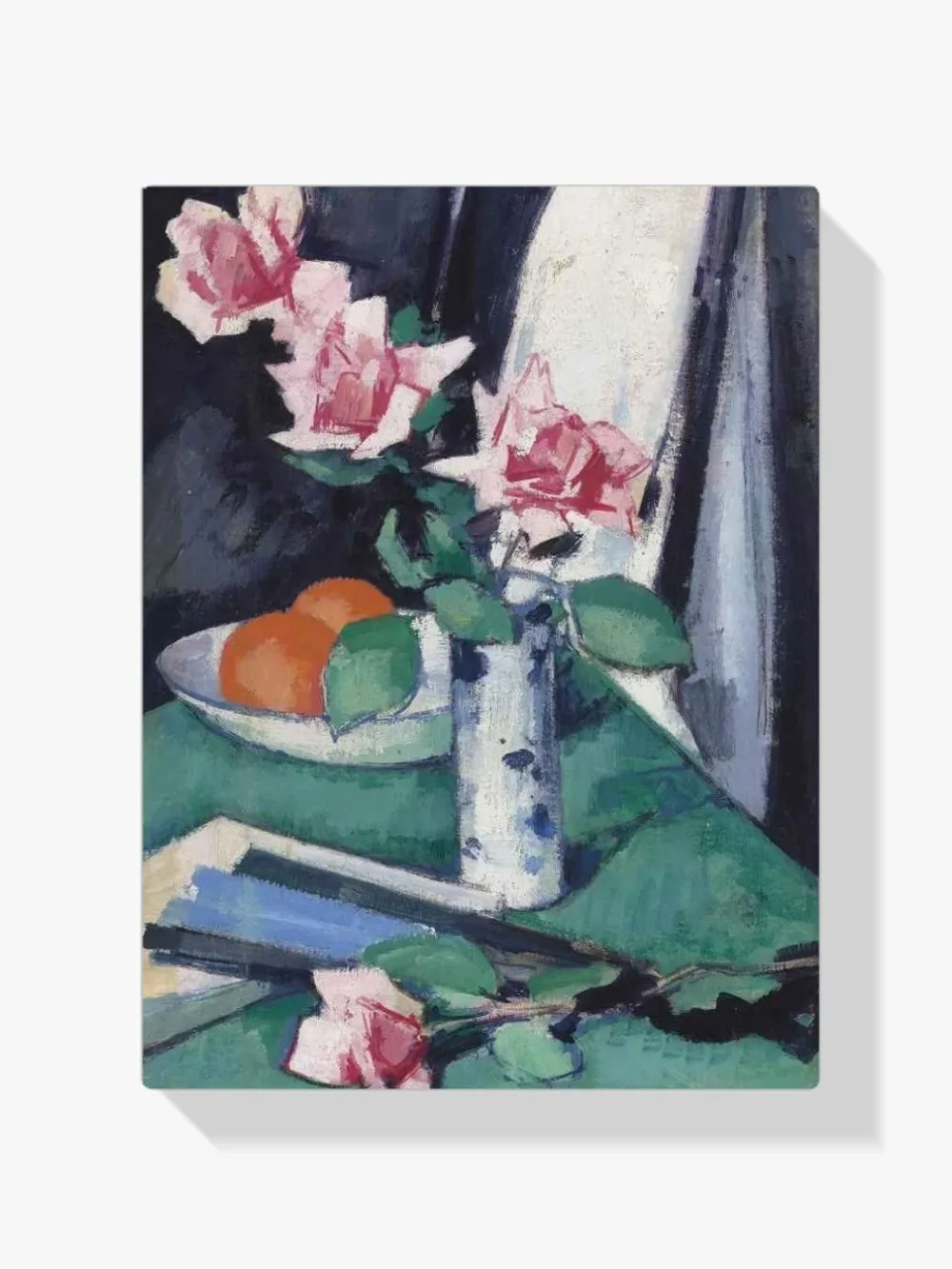 Pintar por números Rosas rosas y naranjas en un jarrón azul y blanco