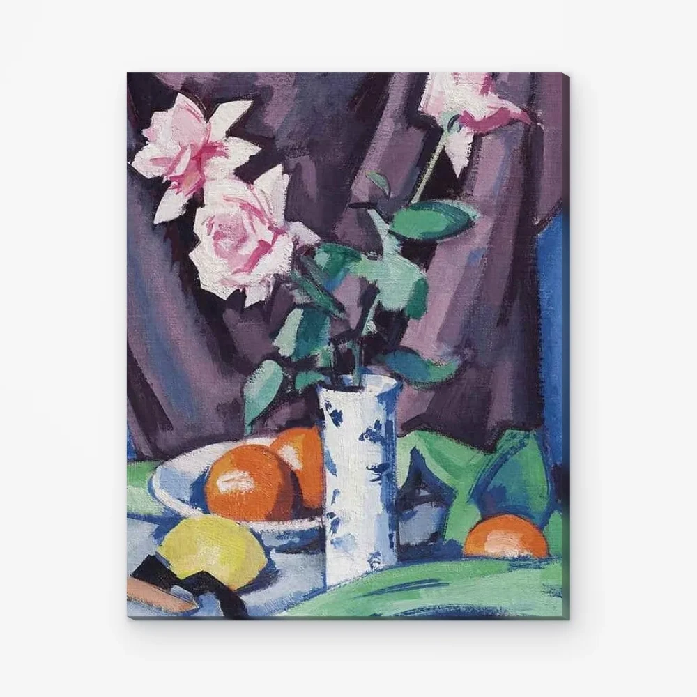 Pintar por Números - Tres rosas rosas en un jarrón azul con fruta